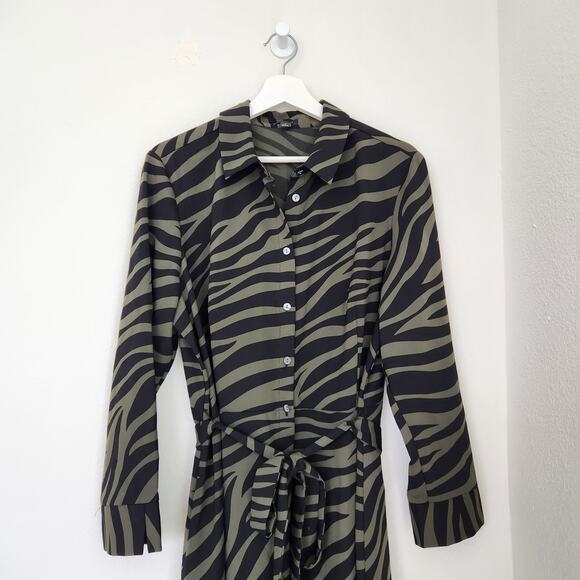 Ann Taylor Factory Green Black Zebra Print Button Front Belted Maxi Shirt Dress - Picture 2 of 9
